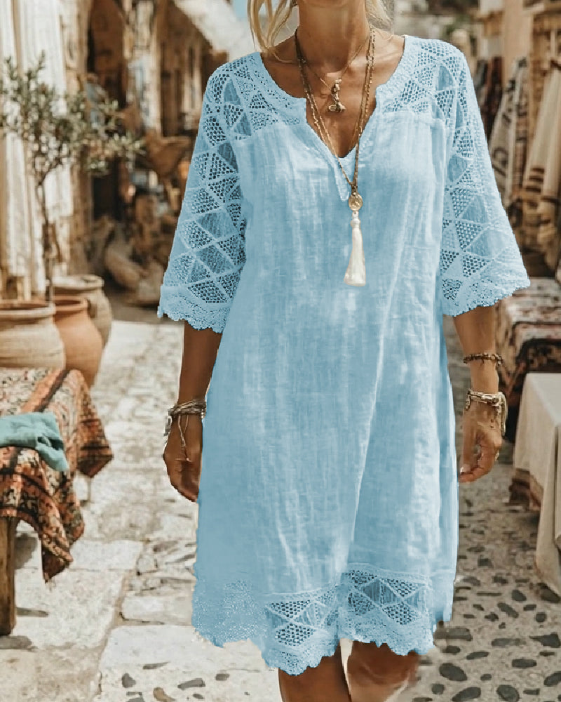 Klänning V-ringning Spets Patchwork Casual