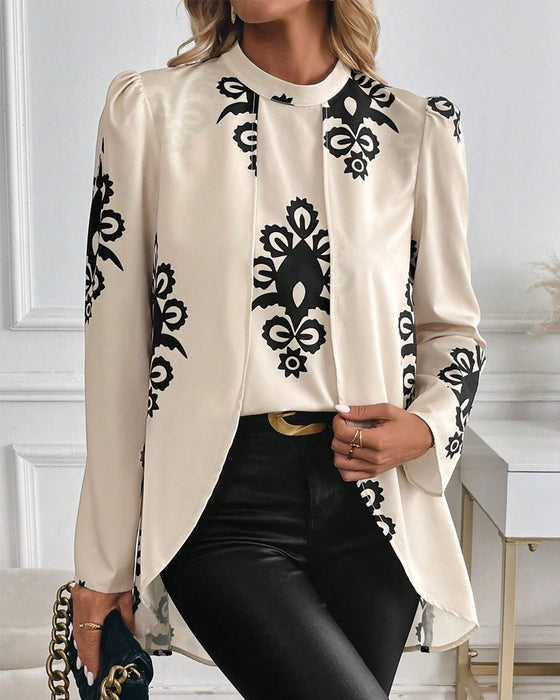 Blus Puff Sleeve Oregelbundet Tryck