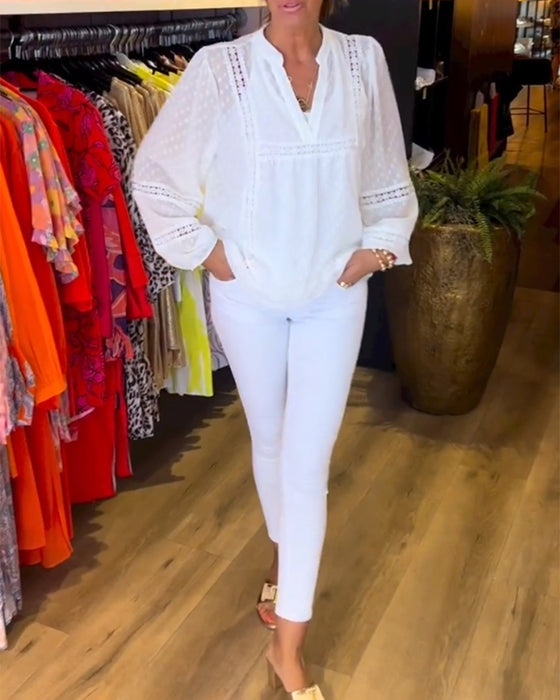 V-ringad spetspanel långärmad topp