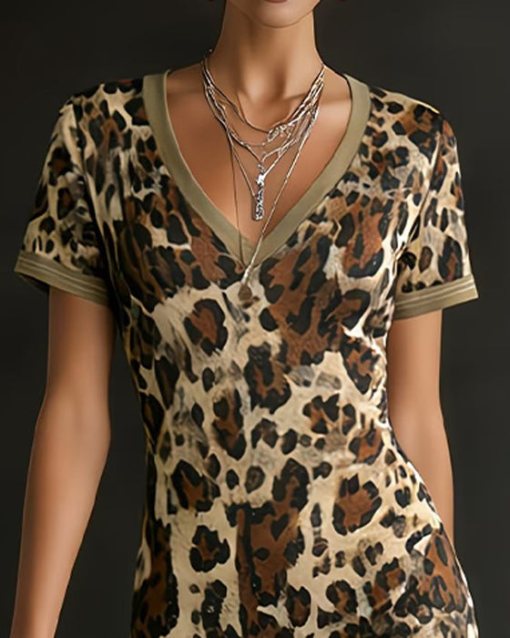 Klänning Leopard Tryck Patchwork V-Hals Åtsittande
