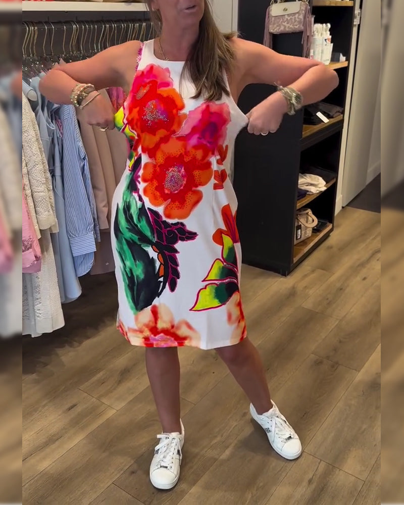 Klänning Akvarell Stor Blomma Ärmlös Höft