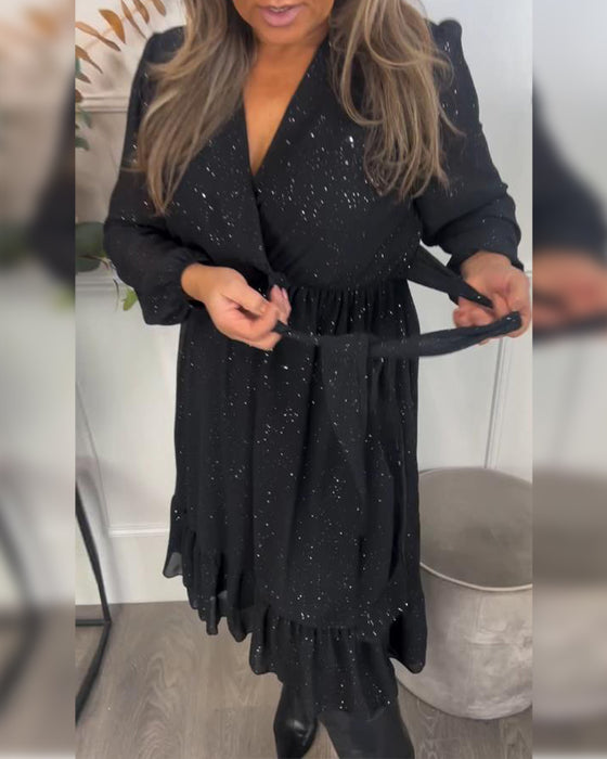 Klänning Med V-Hals Design, Bindning Vid Midja Detalj Och Skimmer Stoff