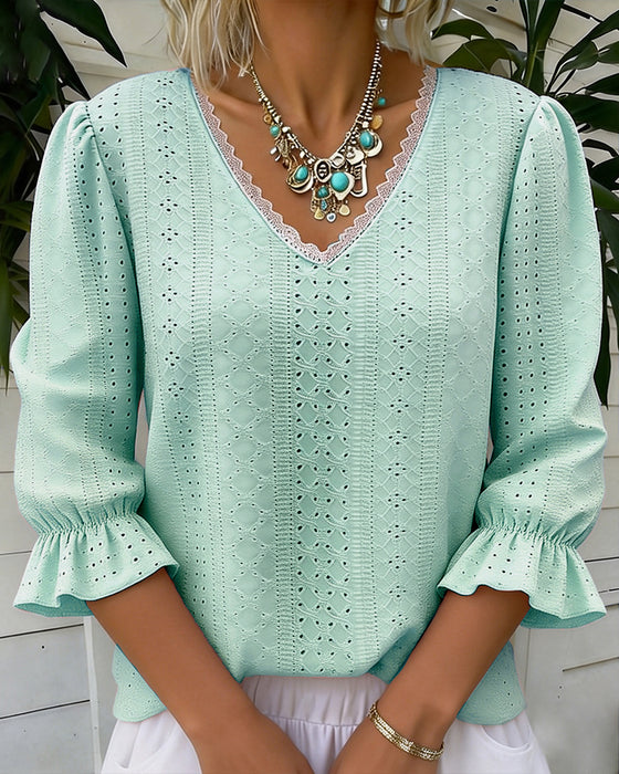 T-shirt Elegant V-ringning Spets Utskärning