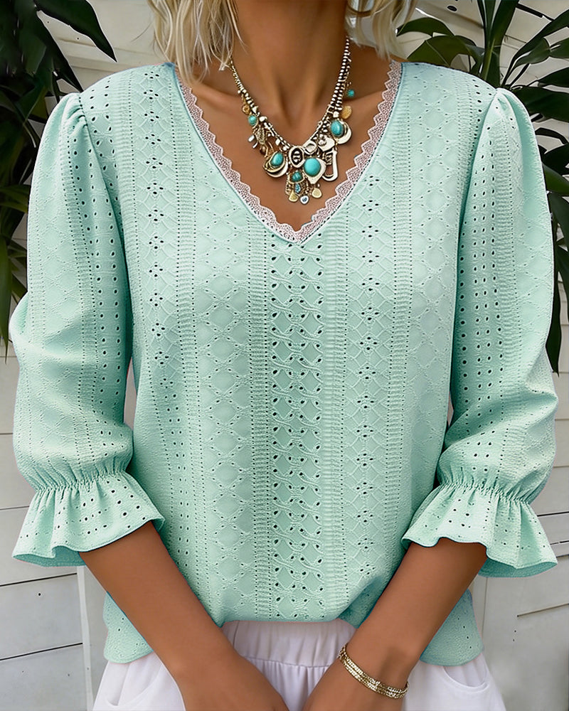 T-shirt Elegant V-ringning Spets Utskärning