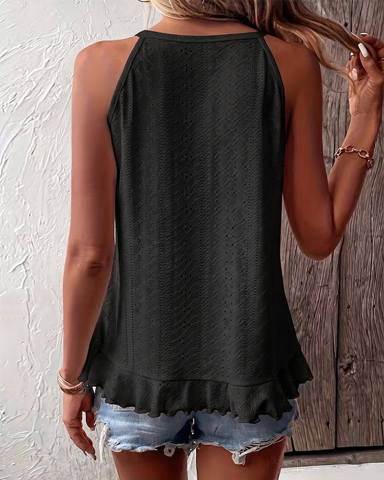 Linne Topp Asymmetrisk Ruffle Rund Hals