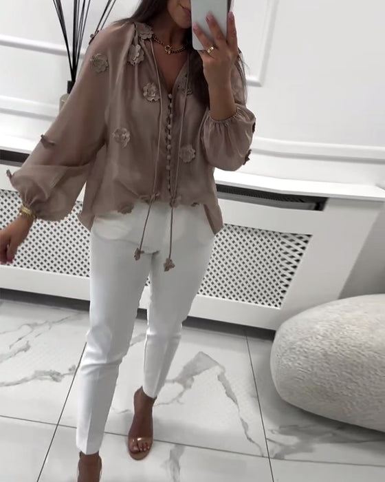 Blus Enfärgad 3D-Blommig Snörning