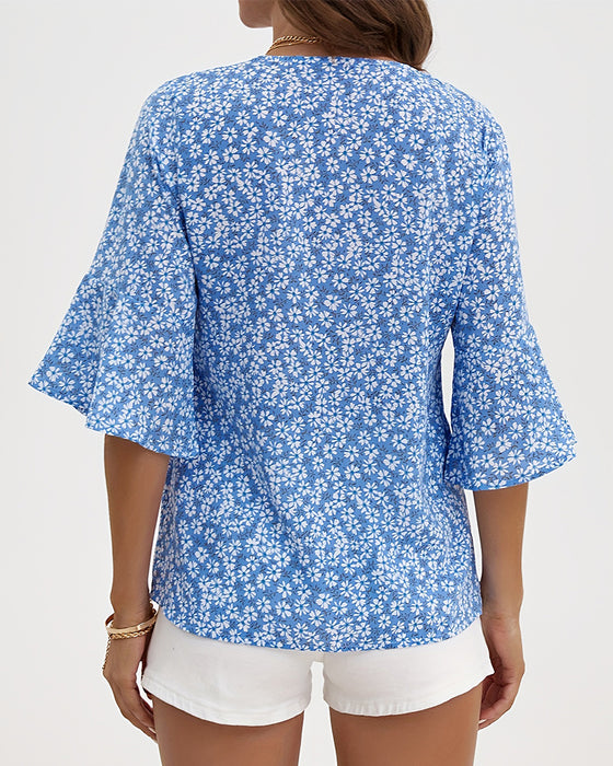 Blus V-Hals Floral Fjäril Ärm