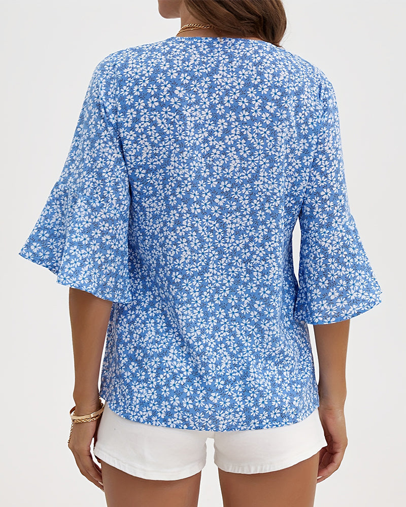 Blus V-Hals Floral Fjäril Ärm