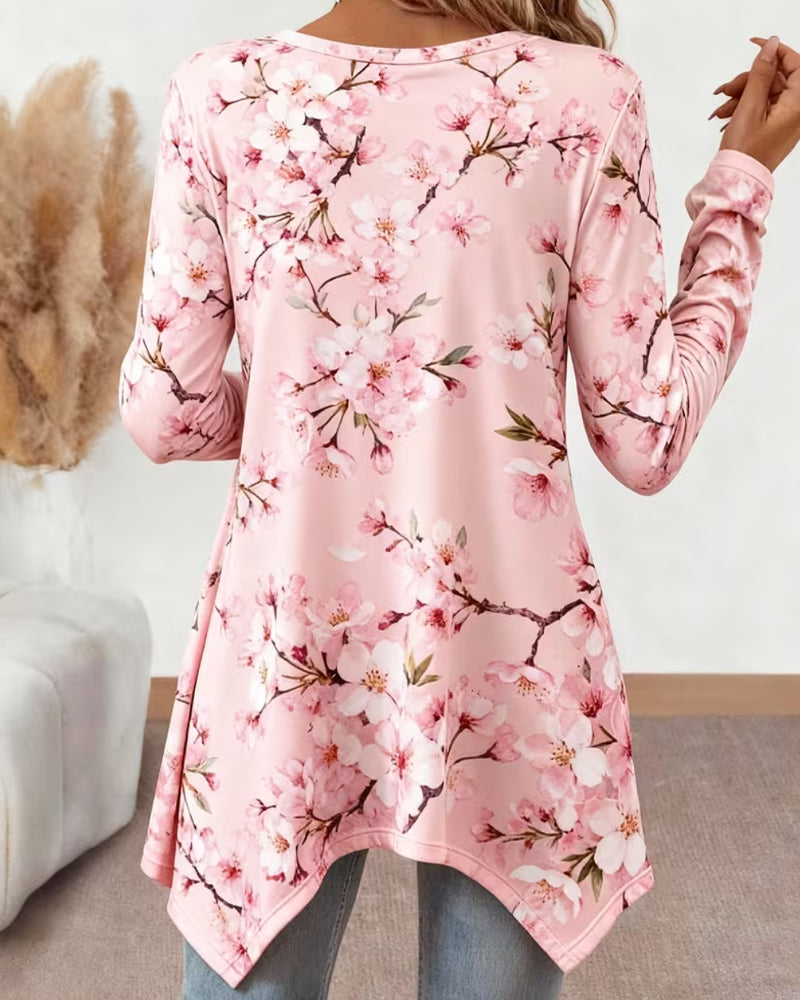 Blus Rundhalsad Blommig Lång Ärm