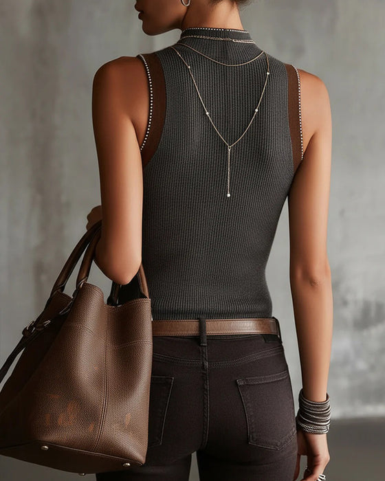 Linne Halv Turtleneck Ärmlös Stickad