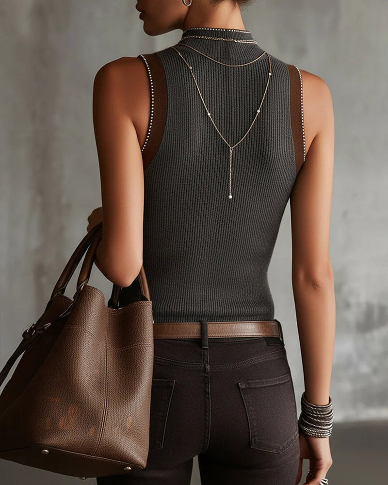 Linne Halv Turtleneck Ärmlös Stickad