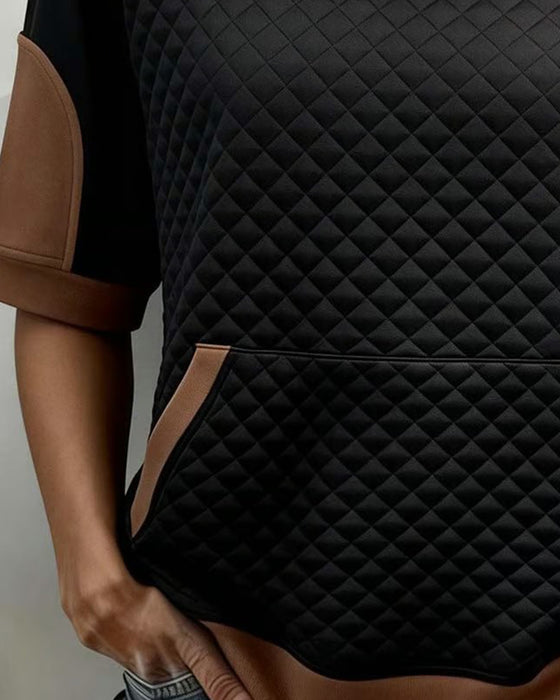 Blouse Rund Hals Lapptäcke Diamant Mönster