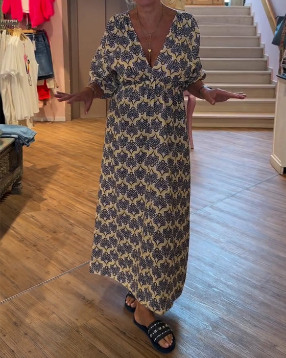 Klänning Vintage Djup V-Hals Blommig