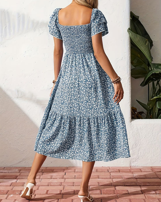 Klädning Ruffle Fyrkantig Hals Blommig