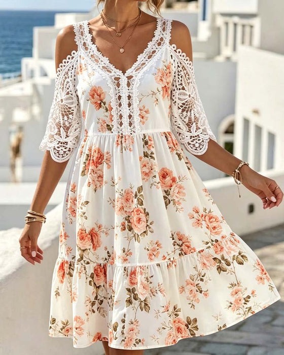Klänning V-Hals Spets Patchwork Blomster Kall Axeln