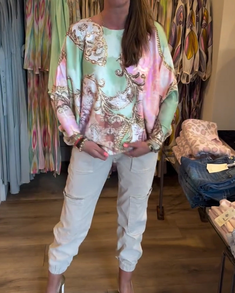 Topp Tryck Löst Drop Axel Lång Ärm