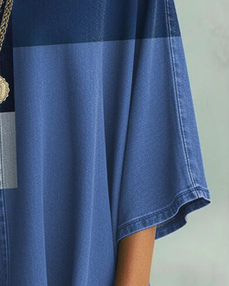 Topp V-Hals Färg Block Löst