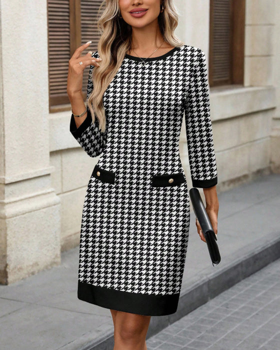 Klänning Dam Crewneck Hundtand Bodycon Midi