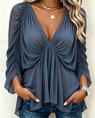 Blus V-Hals Rynkad Casual