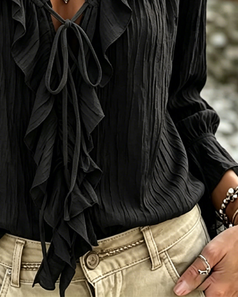 Blus Ruffle Trim Snörning Lång Ärm