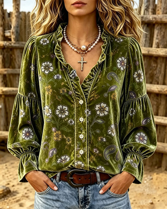 Blus V-Hals Knapp Volang Blommig