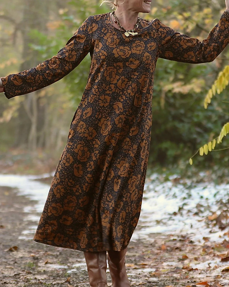 Klänning Blommigt Mönster Rund Hals Lös Passform