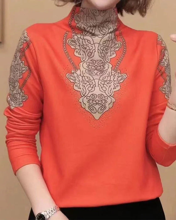 Topp Elegant Tryckt Åtsittande Dam Ståkrage