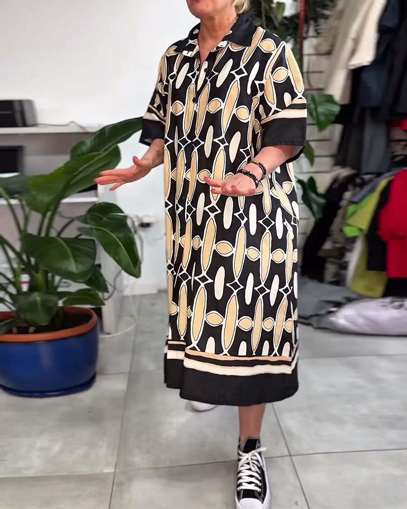 Klänning Krage Tryckt Kort Ärm Lös