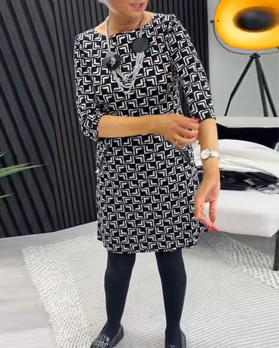 Retro geometriskt tryck fickklänning med rund hals