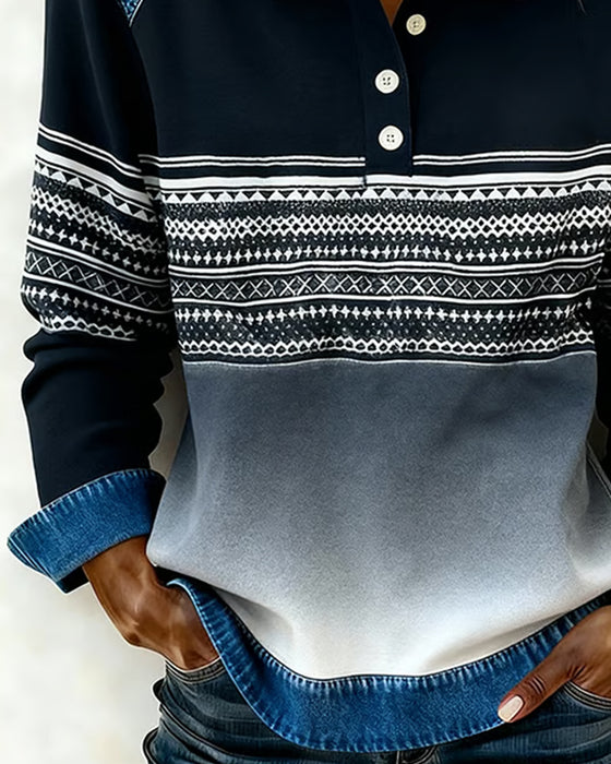 Tröja Med Knapp Lapel Design, Randad Mönster Och Gradient Färg