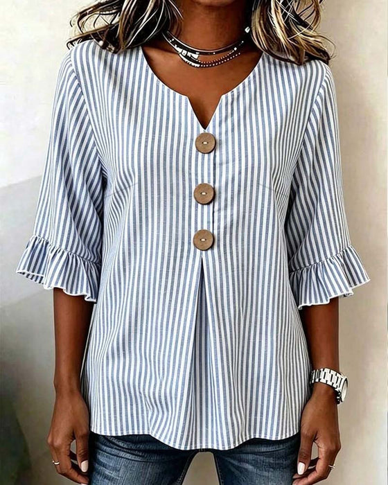 Blus Mini V-Hals Ruffle Rand Knapp