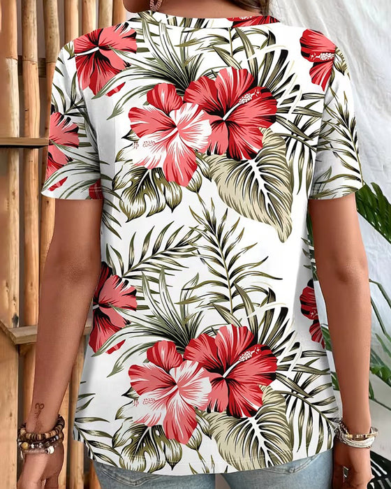 T-Shirt V-Ringning Bladtryck Kortärm