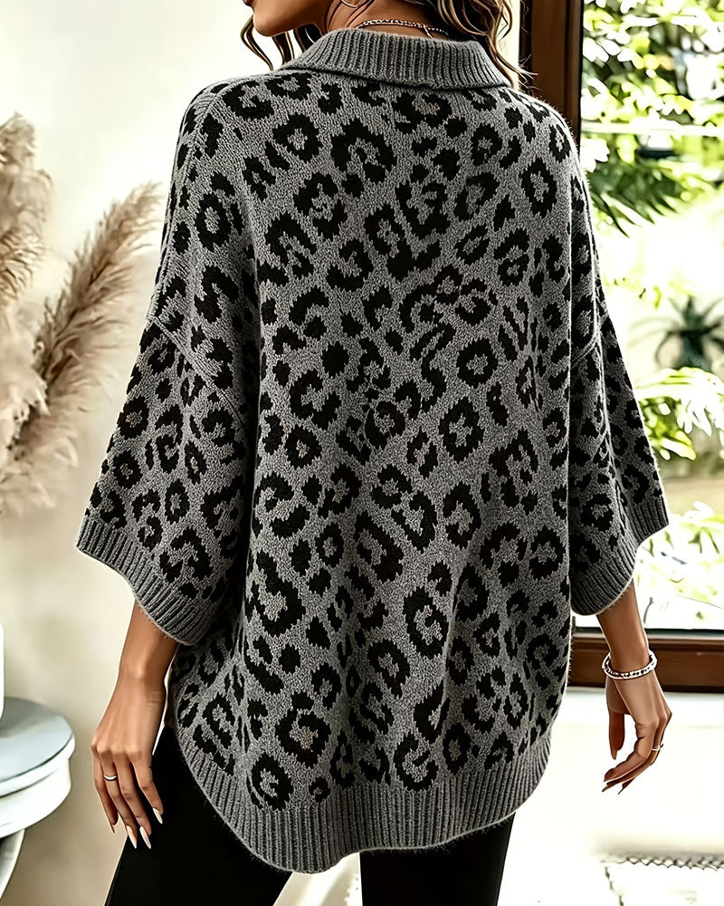 Pullover Kragad V-Hals Leopardmönster Halvärm Tröja