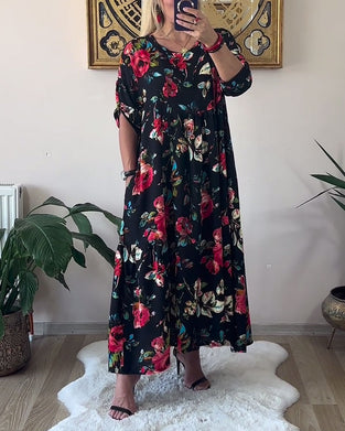 Klänning Lös Oversized Rund Hals Tryckt