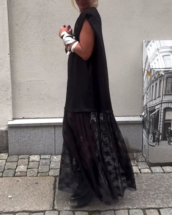 Ärmlös Mesh Patchwork Klänning