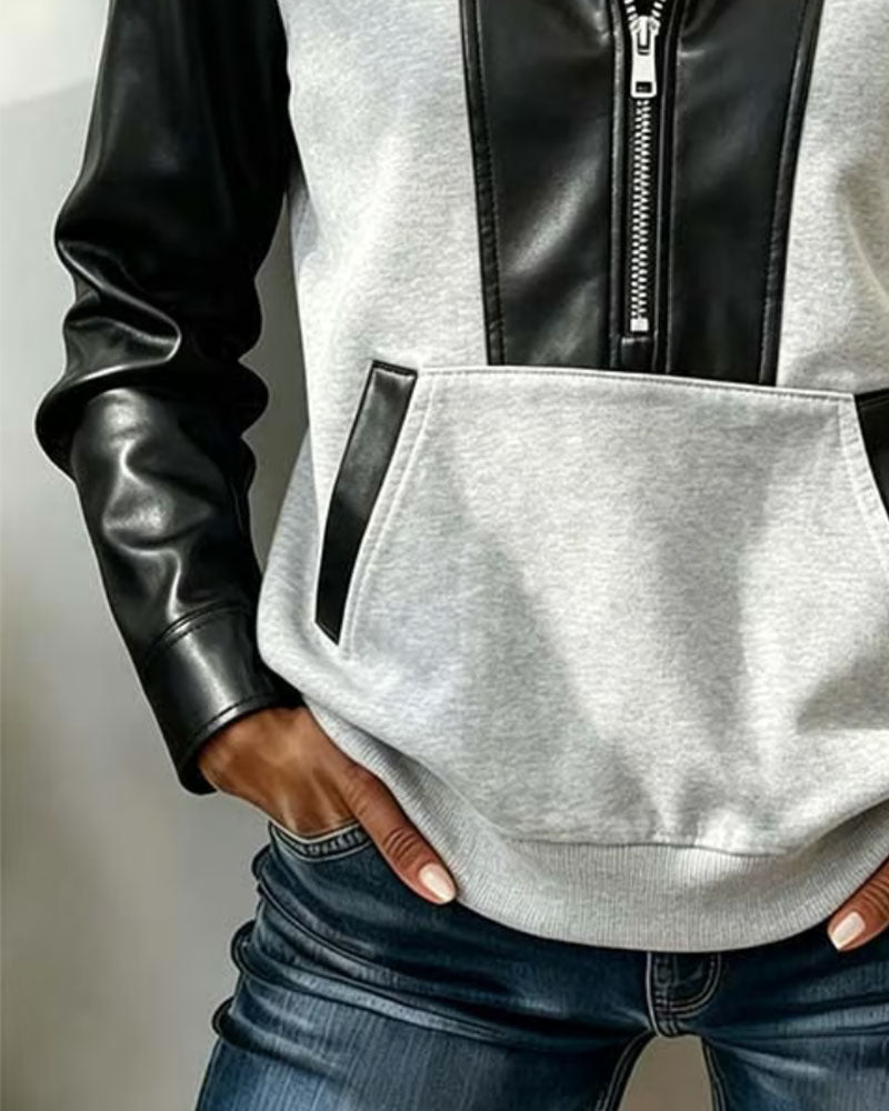 Hoodie Dragkedja Ficka Patchwork