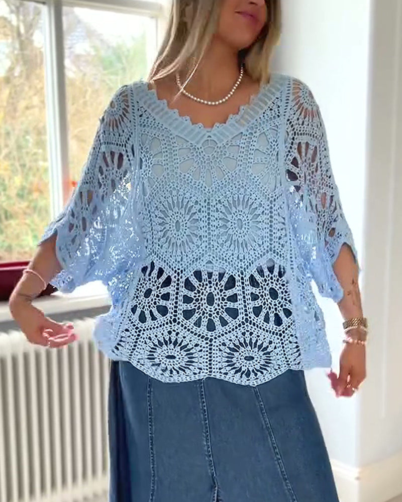 Pullover Enfärgad V-Ringning Utskärning Stickad Omslag