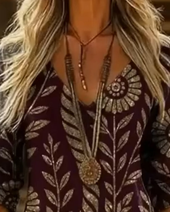 Klänning V-ringning Bladtryck