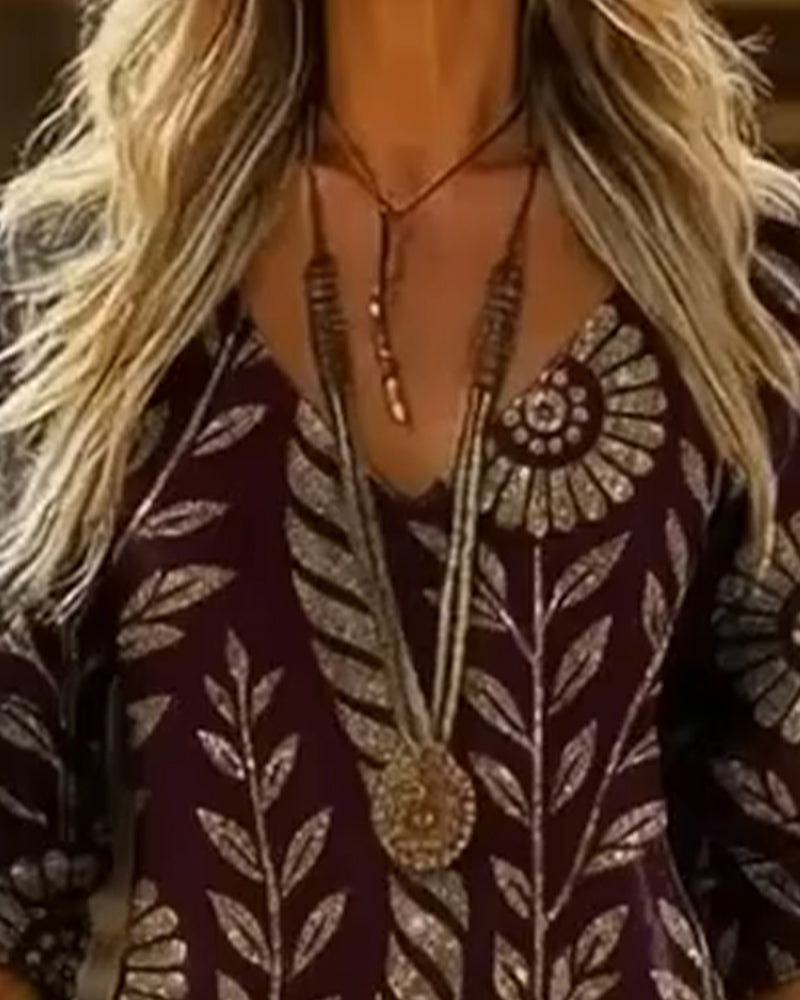 Klänning V-ringning Bladtryck