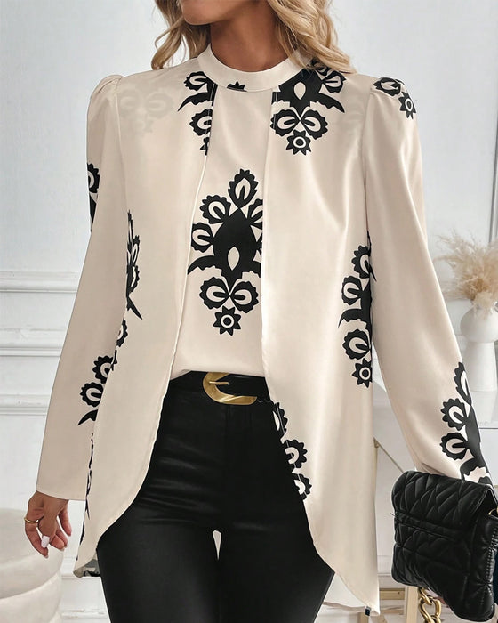 Blus Puff Sleeve Oregelbundet Tryck