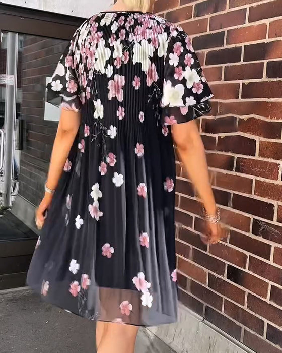 Klänning Ruffle Kortärmad Blommig Veckad