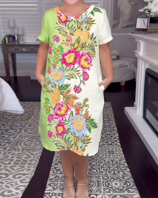 Klänning Rund Halsringning Kort Ärm Blommig Shift