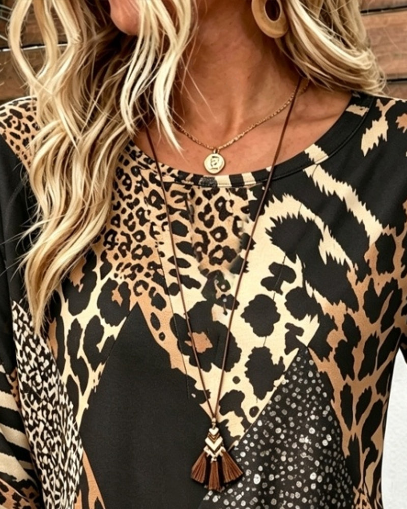 Blus Rundhalsad Knapp Leopard Rynkad