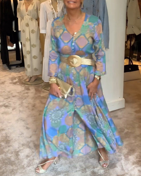 Vintage tryckt klänning med knappslits och lång ärm