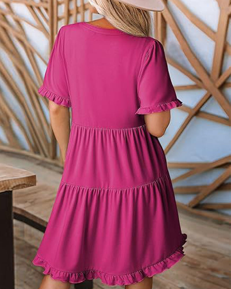 Klänning Rynkad Kant V-Ringning Lagerdelad Kant