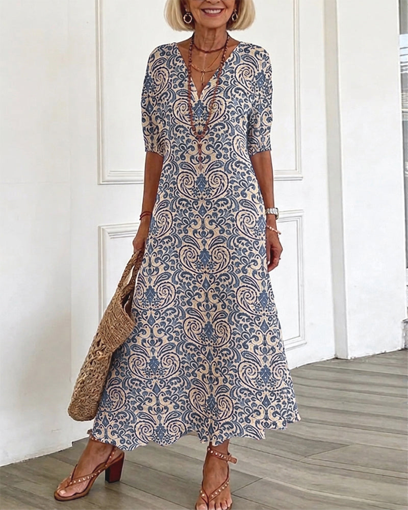 Klänning Vintage Blommönster V-Hals Maxi
