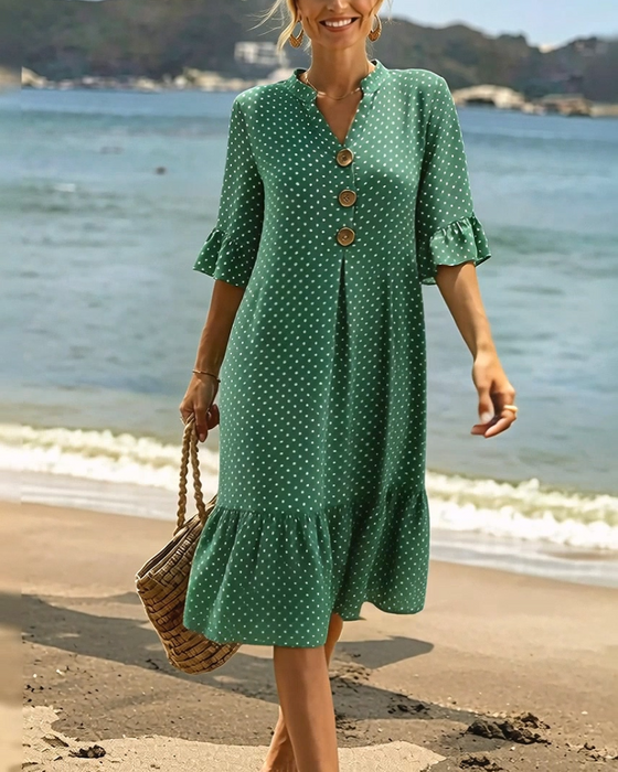 Klänning Polka Dot V-Hals Rynkad Ärm