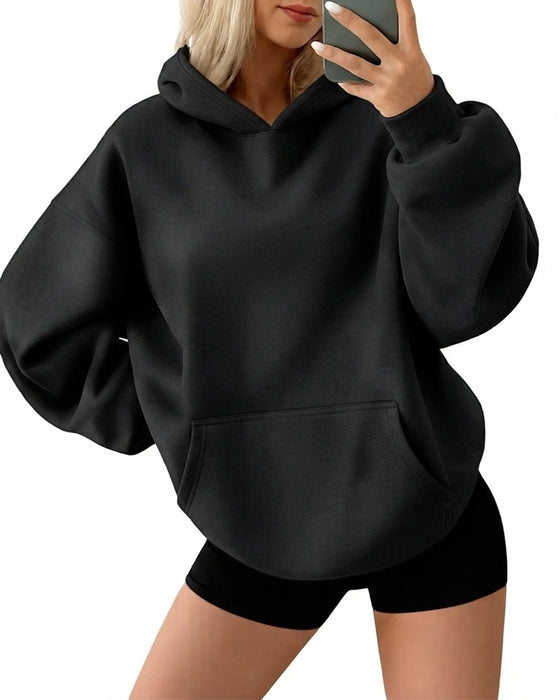 Hoodie Huvförsedd Ficka Solid Lös