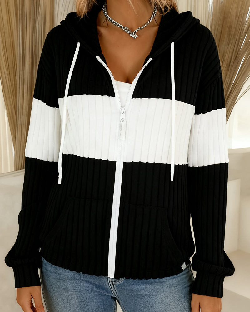 Färgblockad Rock Med Huva Och Blixtlås