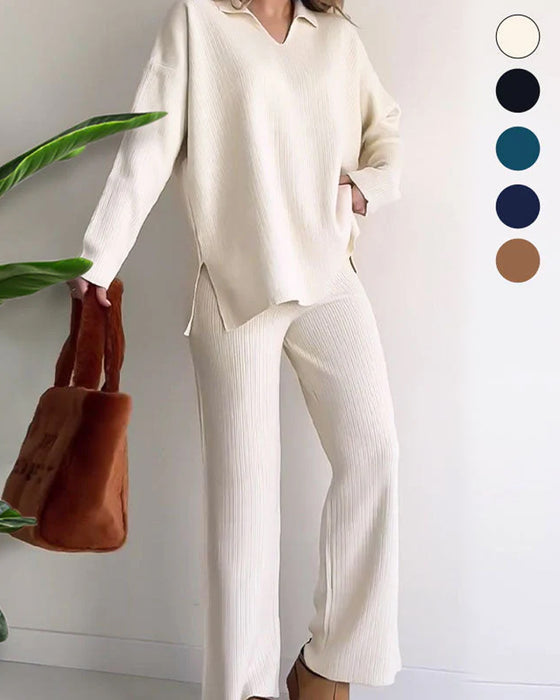 Tvådeltset Med Enfärgad Och Stickat Egenskaper